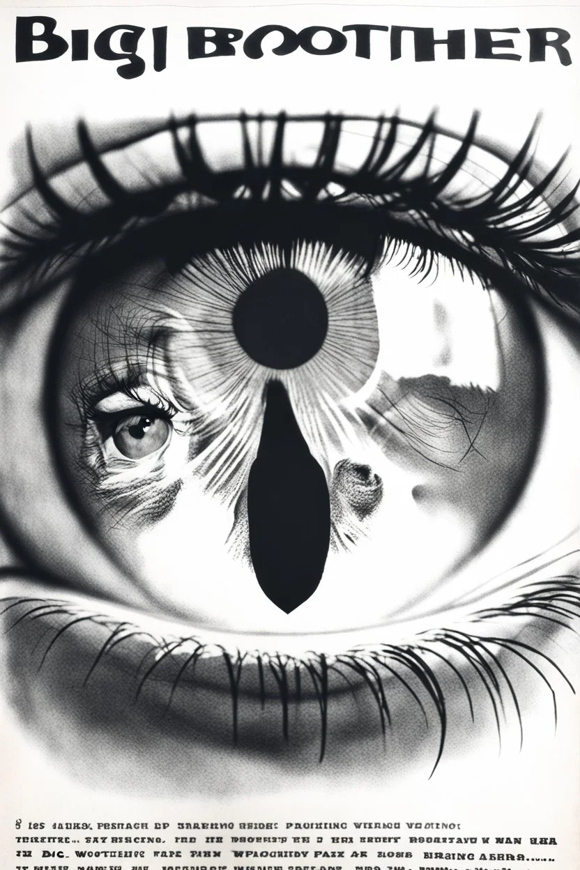 an old poster with the words"BIG BROTHER"(across top), the staring face of a man(middle, facing viewer), text "IS WATCHING"(across bottom), wwii era 1984 propaganda black and white printed poster on old paper