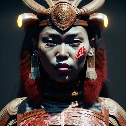 Maori woman, rounded face, blood, black, red, brown, samurai helmet, decorative color feathers, retro, bamboo, leather, soft color, highly detailed, art stations, concept art, smooth, unreal engine 5, god rays, ray tracing, RTX, lumen lighting, ultra detail, volumetric lighting, 3d, finely drawn, high definition, high resolution.