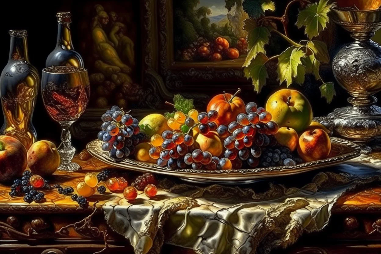 Create a masterpiece an oil painting on cracked canvas: of a Gleaming melting chrome serving tray with spent wine, partially decayed grapes, peaches, oranges, lemon's, walnuts, discarded dry stale bread and mouldy cheese, cloth draped over an old wooden ultra textured table, ultra-realistic portrayal, 8k resolution, rich cool tones, intricate textures, reflections, flawlessly polished exteriors, rule of thirds futuristic concept art of a still life Masterpiece. Modifiers: trending on Artstation