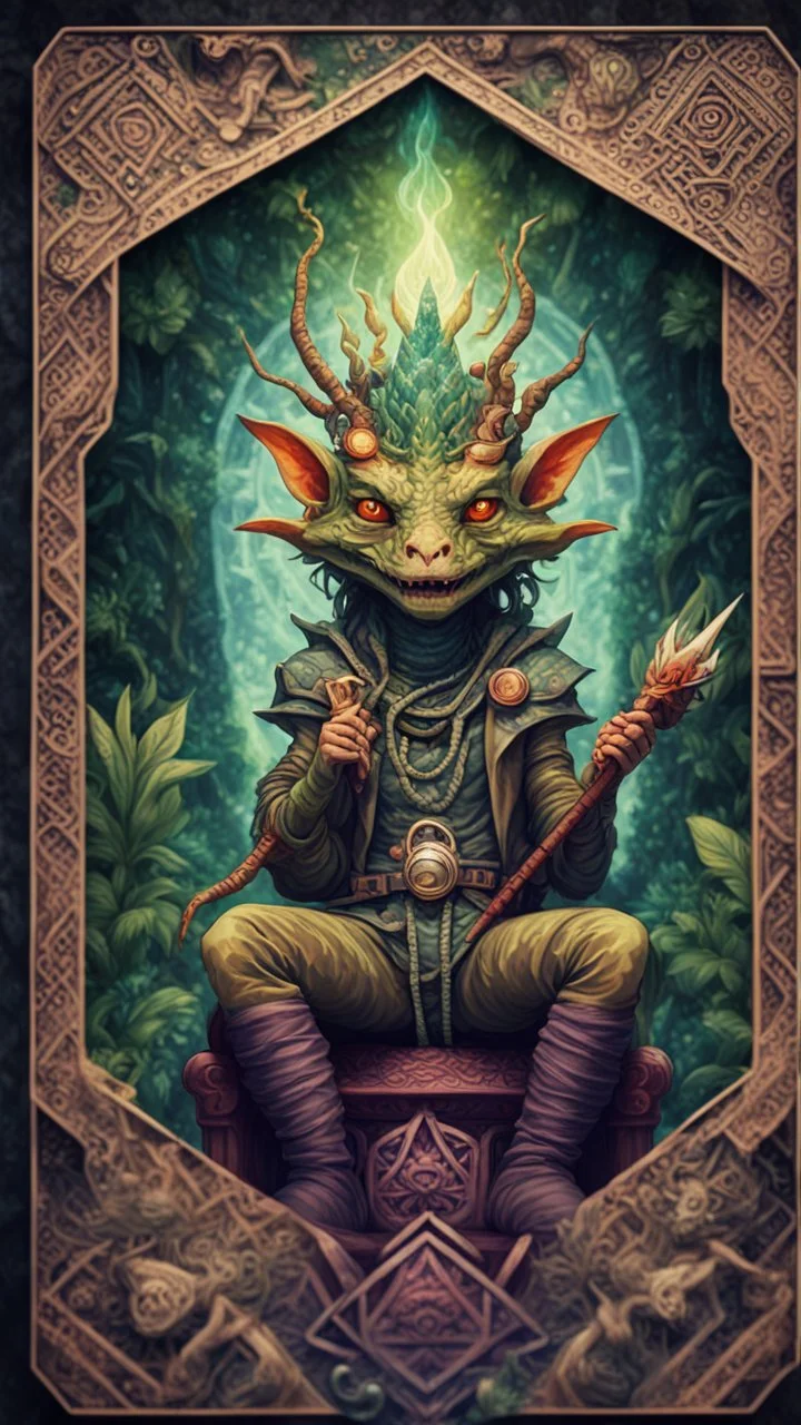 mandala style framed playing card illustration, close up portrait of a happy blessed ancient magical scaly slimy weird kobold mad max soldier posing for photo shoot on a throne, holding a burning sceptre, in a space alien mega structure with stairs and bridges woven into a sacred geometry knitted tapestry in the middle of lush magic jungle, bokeh like f/0.8, tilt-shift lens 8k, high detail, smooth render, down-light, unreal engine, prize winning