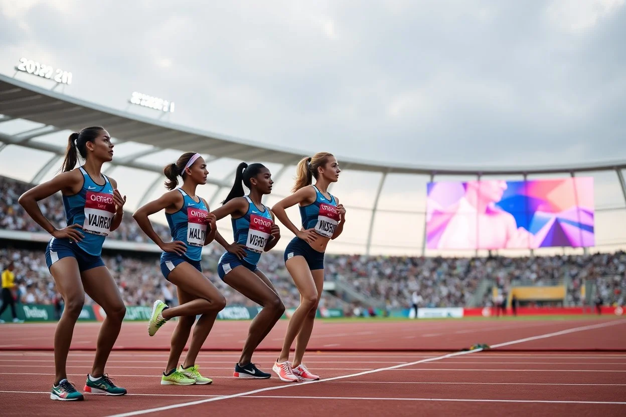 in olympic games a few 100m runner ladyes waiting in start pose to start the game