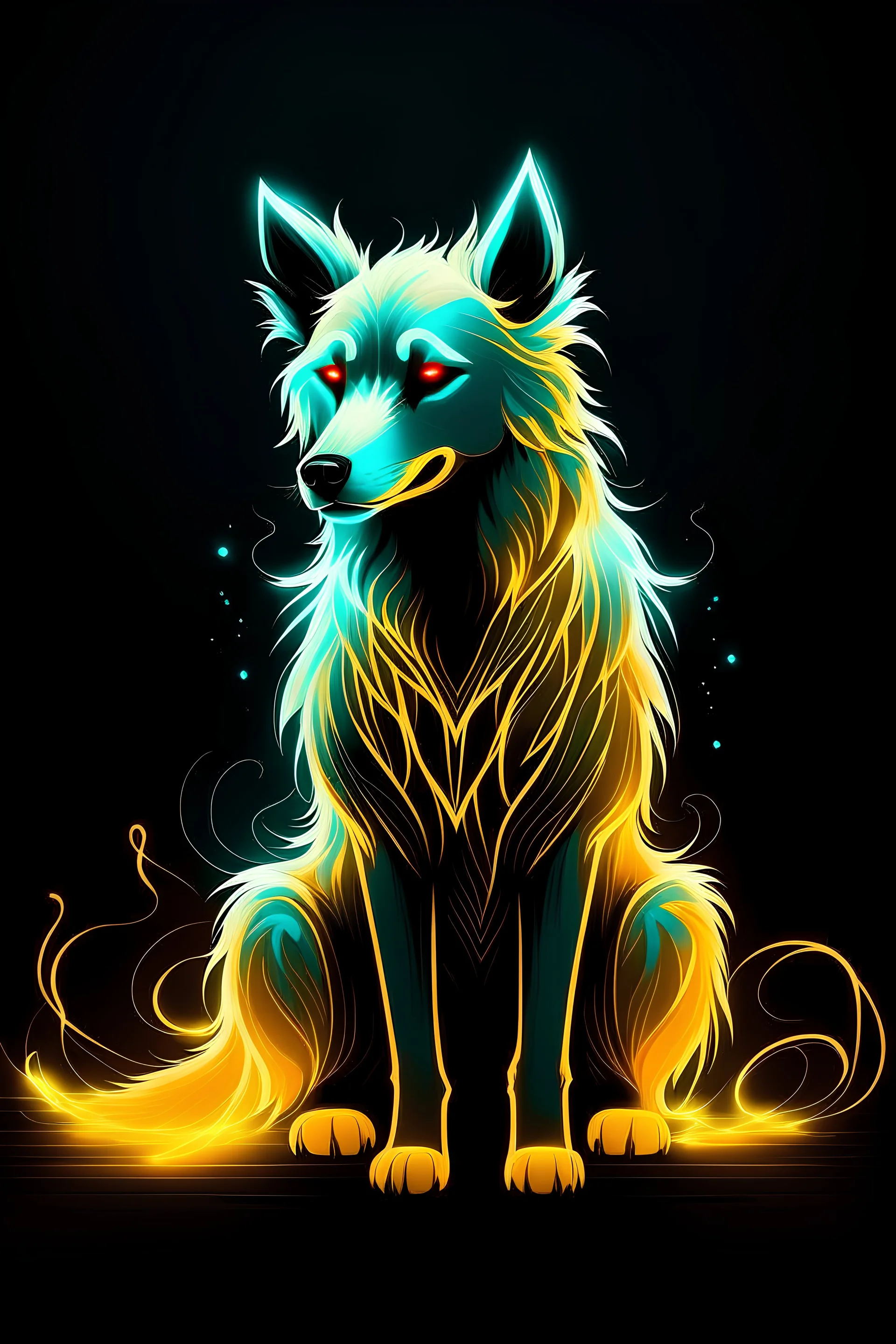 Super cool ghostly spiritual canine with menacing glowing eyes In a dark room. It sits alone staring straightly and deeply at us, it has a painted-anime style.