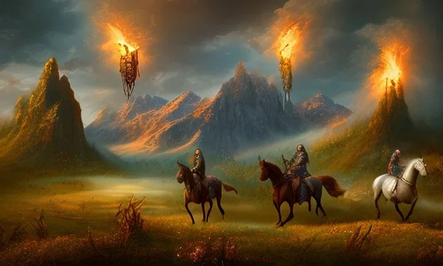 lost souls, the four horsemen of the apocalypse, rapture, peaceful meadow with mountains on fire in the background