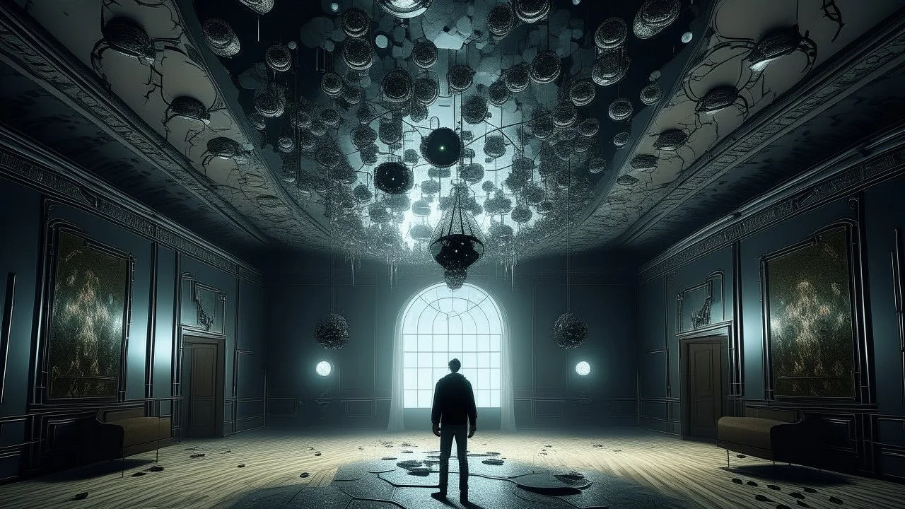 The image depicts a surreal, unsettling interior space characterized by concrete walls with numerous large holes. A figure stands in the center, facing away from the viewer. Various hands emerge from the holes, and a chandelier hangs from the ceiling, adding an eerie contrast to the stark environment. The floor is reflective, enhancing the surreal atmosphere of the scene.