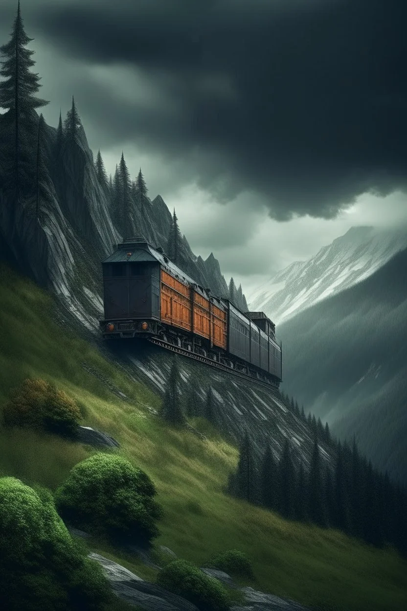 A train truck in stunning mountain landscape, mountain gorge, bright color palette, high detail, perfect by composition, gcinematic shot, intricate details, a cloudy stormy weather in the background