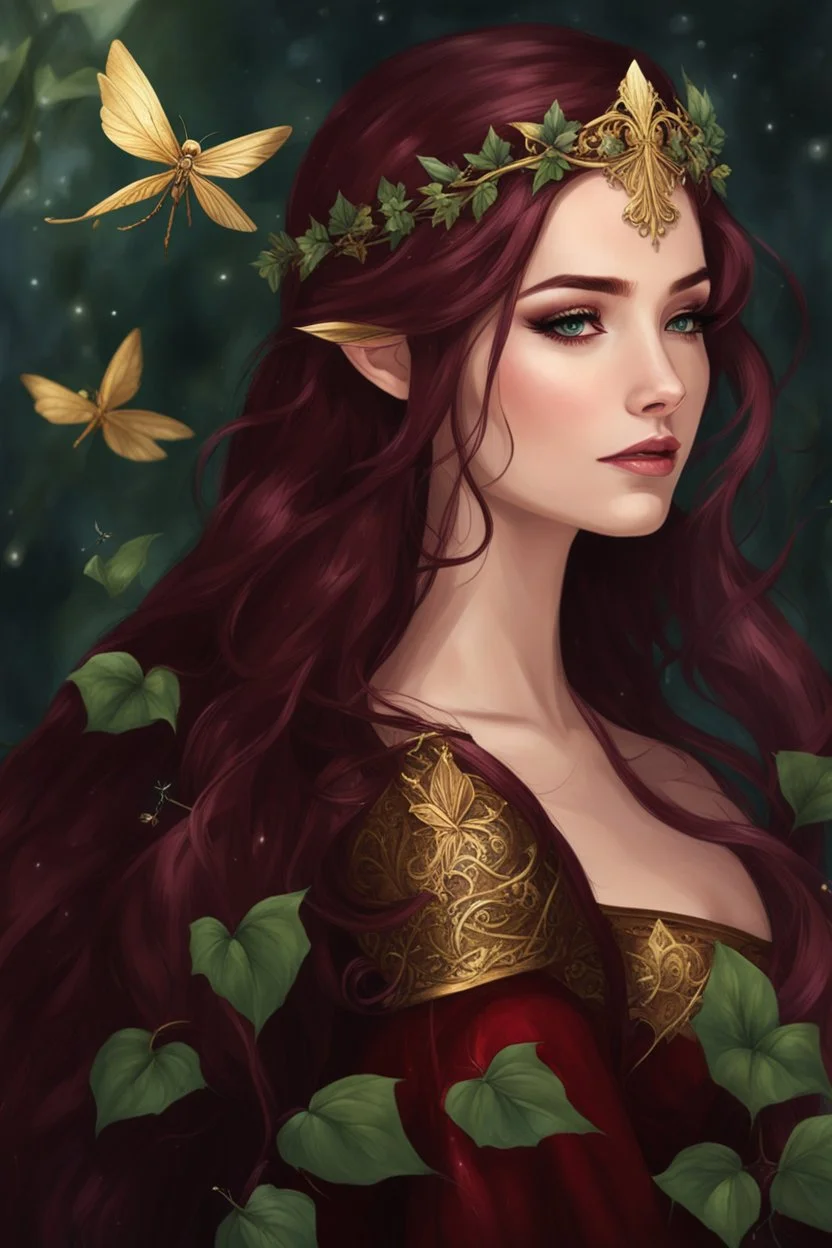 Burgundy hair, dark hair,dark red , rapunzel hair,very long hair,dark fairy princess,elven crown,night,dragonflies,beautiful,ong ashes,golden armor ,sparkle,night blooming,ivy,dark green,lilly of valley,golden elven crown