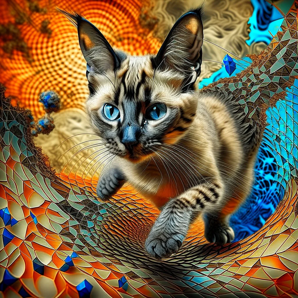 A high-speed action shot of a young Siamese kittenwith brown ears, captured in mid-leap or play. The image is detailed and intricate, featuring swirling fractal patterns surrounding the kitten, enhancing the sense of motion and energy. In the background, there's a mesmerizing fractal landscape, with complex geometric shapes and vibrant colors. The landscape and the fractal patterns around the puppy blend seamlessly, creating a dynamic and visually captivating scene in space with chrome silver pl