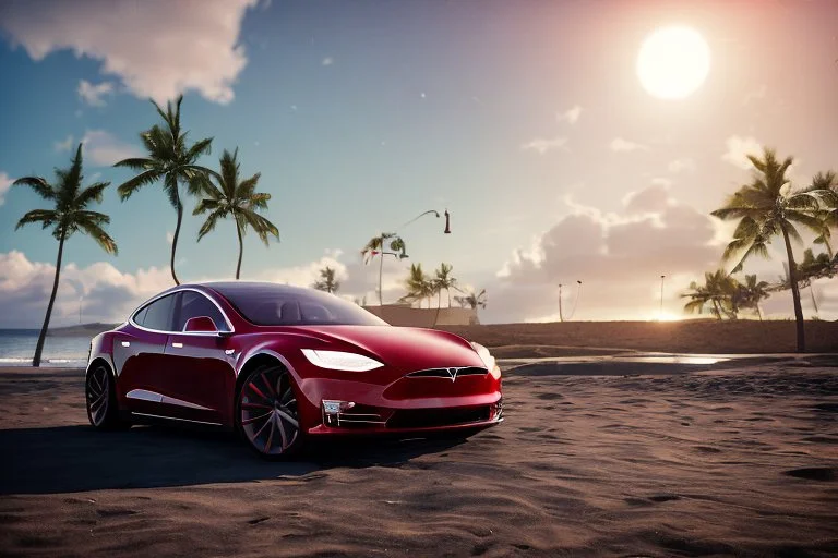 A Tesla 'Model S' is parked, at the beach of Waikiki in Hawaii. CINEMATIC. WIDE ANGLE LENS. PHOTO REAL.
