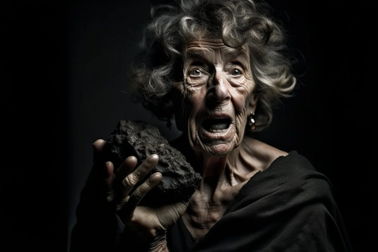 Generate an 8K UHD image of a 65-year-old skinny, curly-haired lady, her right hand holding a large, shiny piece of coal. Her face, a masterpiece of contradictions—wrinkled forehead and squinted eyes betray trapped desperation, while her wide-open mouth emits a scream of rage so intense that saliva flies. Capture the collision of emotions, depicting the woman on the brink of joy and desperation as she confronts the culmination of her emotional journey