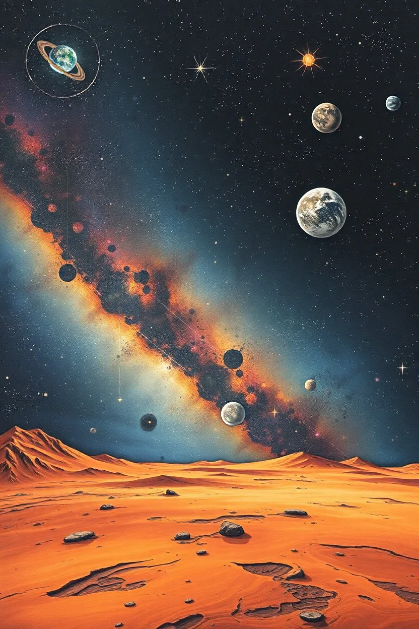 Bosch painting style of a neurones in the galaxy with earth and other planets in it, thine line draw style, show a shot of a view of Mars surface