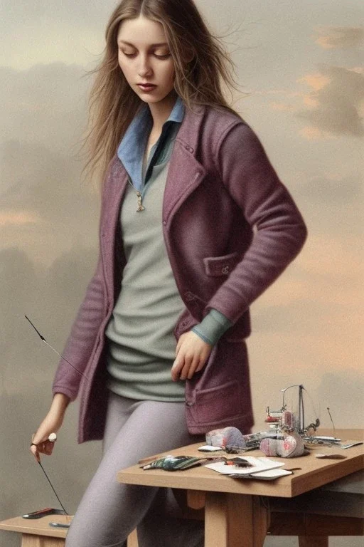 Woman is wearing a grey pullover. Standing at a table, holding needle in her right hand. Sewing a red jacket at the pocket. Watercolour