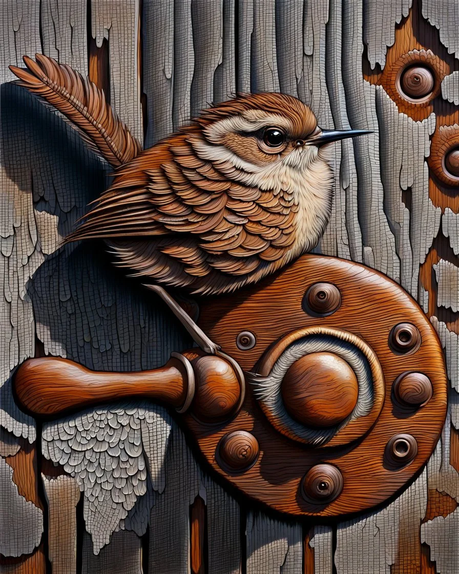 Small brown wren with intricate feathers perched on a weathered barn door, the door is cracked and rotting with a rusting handle, intricate woodgrain patterns with peeling paint, rusted bolts, deep textures, acrylic art, highly detailed