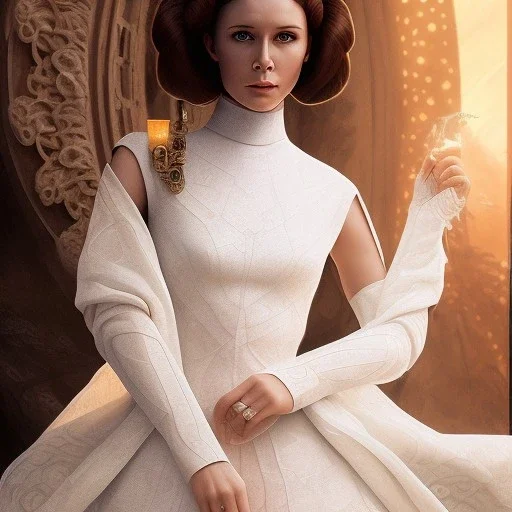 stunning half-body portrait photo of princess leia from Star Wars, hazel iris, wlop, artgerm, akihiko yoshida, and liang xing, detailed face, doe eyes, intricate braided hair style, symmetrical eyes, trending on artstation, highly detailed, white dress, dynamic pose, intricate outfit, space ship and galaxy background