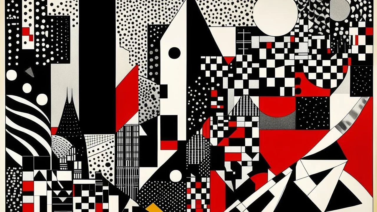 An abstract and geometric illustration by Malevich and Kuniyoshi of a black and white city with an anarchist red and back flag.