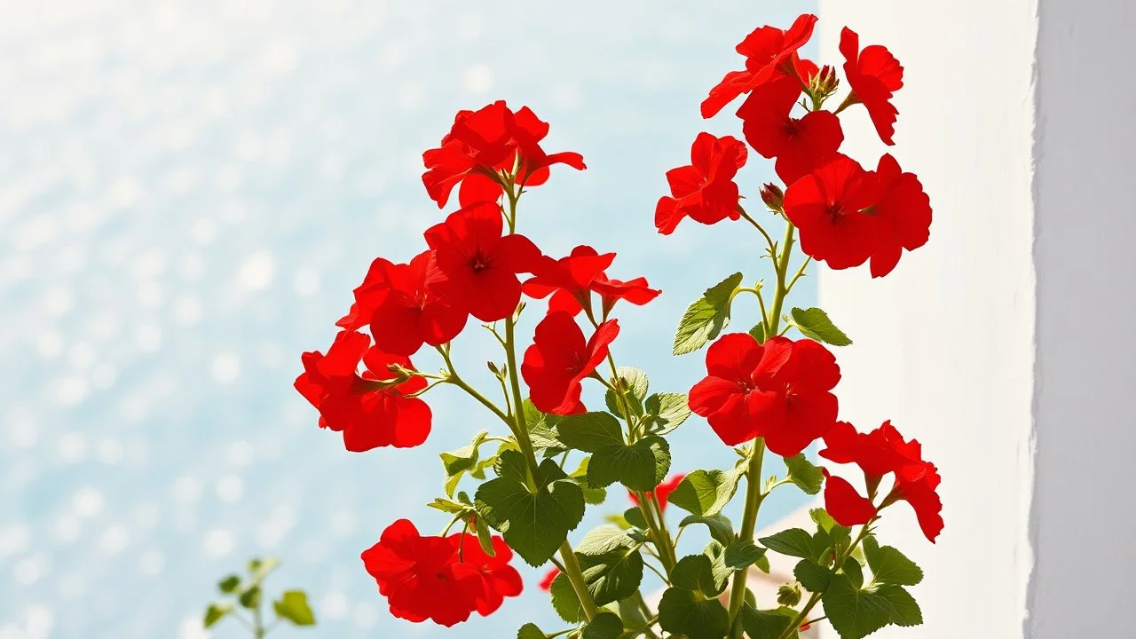 Pintura de geranios rojos → Luminismo mediterráneo → Balcón encalado frente al mar → Estética costera y brillante → Lenguaje visual de pinceladas de luz pura → Materialidad de acrílico sobre lienzo → Composición de primer plano con fondo desenfocado de mar → Iluminación de sol de mediodía rebotando en paredes blancas → Paleta de altos contrastes lumínicos → Atmósfera veraniega y radiante → paleta cromática de rojo geranio, blanco cal y azul turquesa → grado de abstracción impresionista luminoso