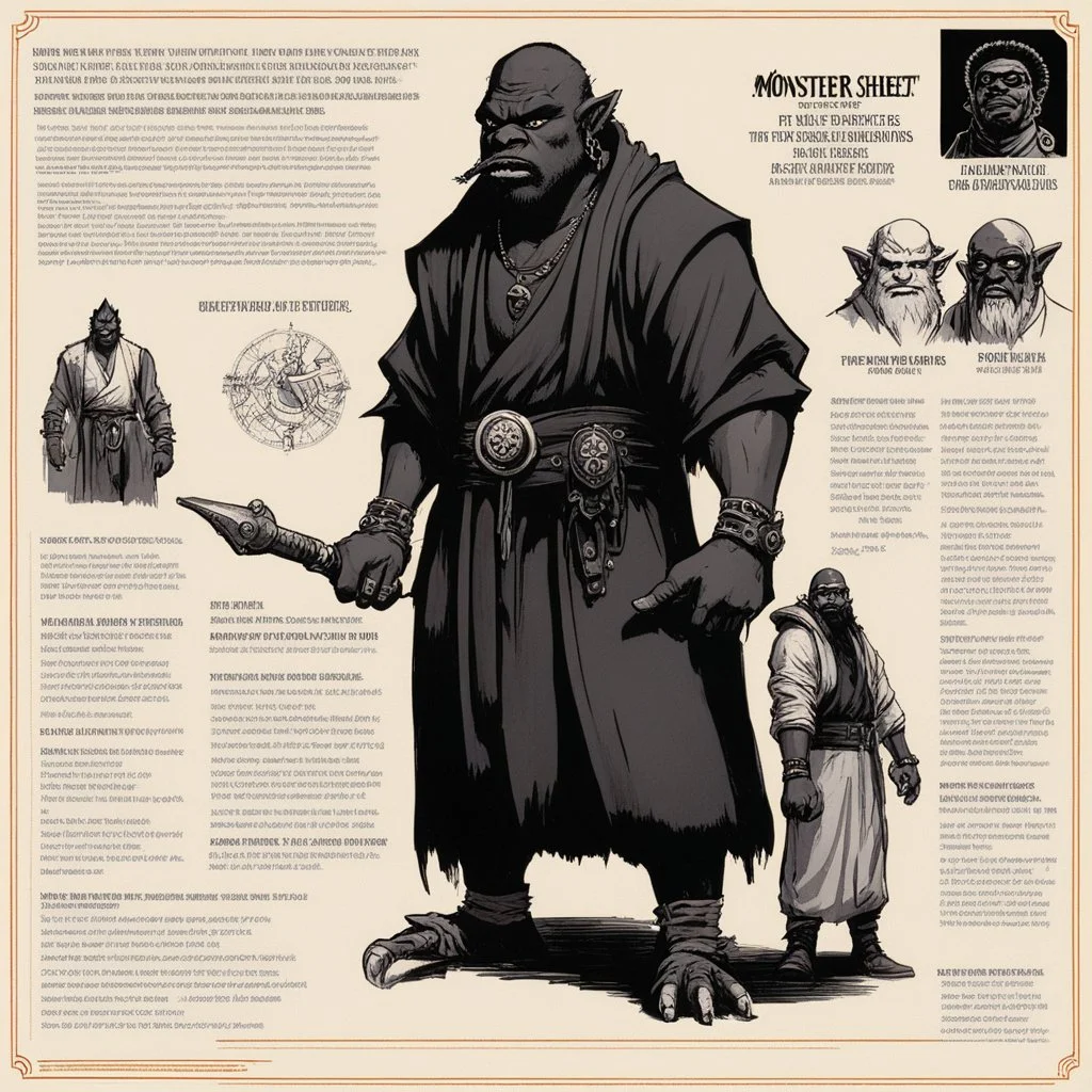 monster concept sheet with AD&D statistics and characteristics [illustration for 3 feet high and rising, de la soul (1989)] Gangster-turned-Monk