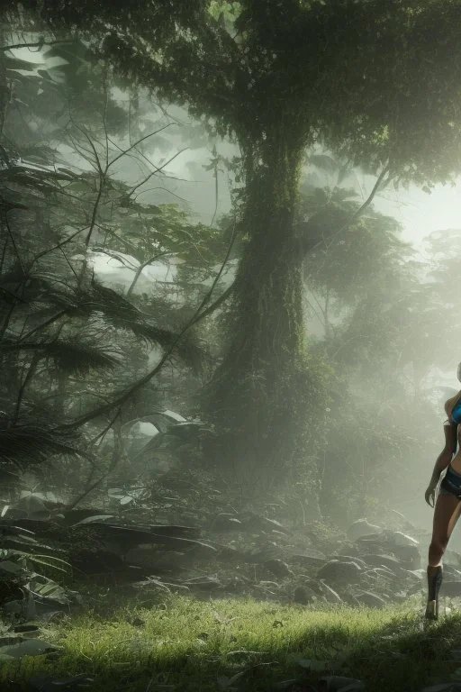 futuristic woman standing next to a large spaceship, in a jungle clearing