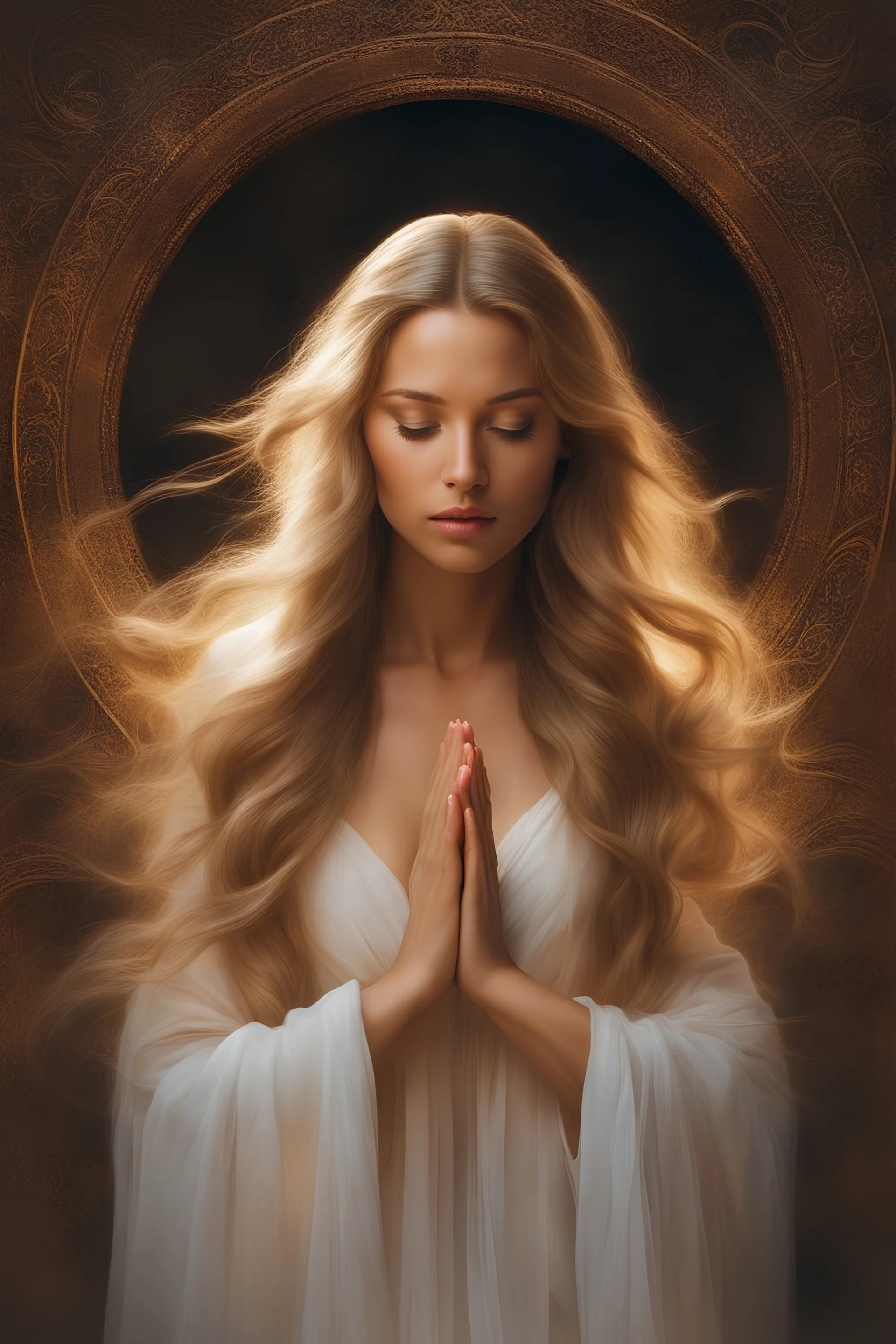 Beautiful, sensual, wonderful goddess, with long flowing hair, soft hands in prayer, eyes closed in front of a glow of light