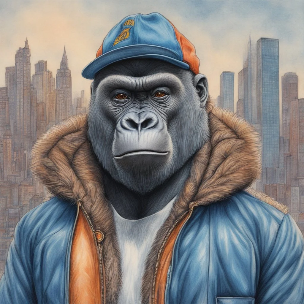 Hermoso dibujo a lápiz coloreado de gorila con chaqueta y gorra, obra de arte, calidad ultra, maximalista, 12k , fondo de ciudad