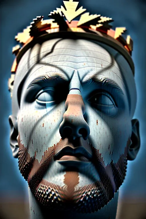 Ultra Realistic image, Roman sculpture bust, clean white marble material, Lionel Messi, gold crown of thorns, renaissance ornate, one gold star, blue sky background, waist up portrait, epic, cinematic lighting, god light, 4k resolution, smooth details, soft lighting, unreal engine 5, art station, substance 3d.