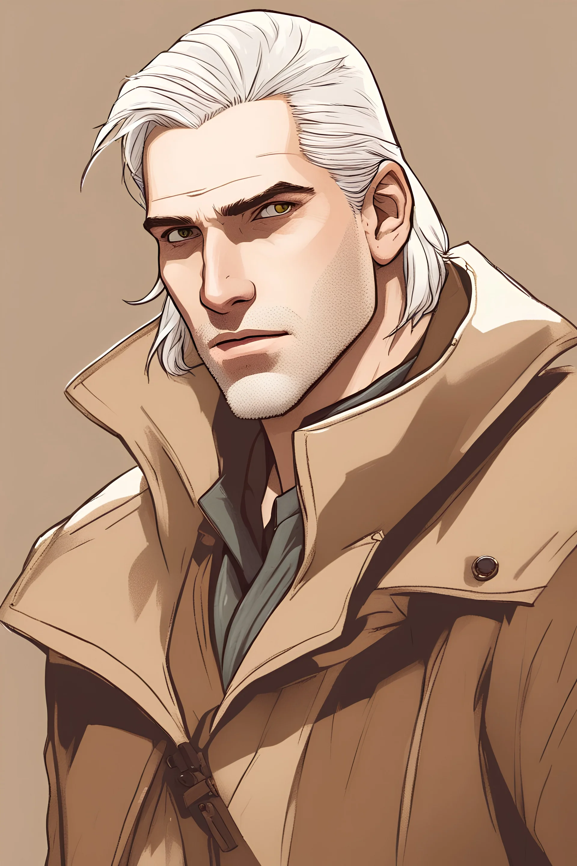 an illustration of young geralt from the witcher wearing a brown trench coat