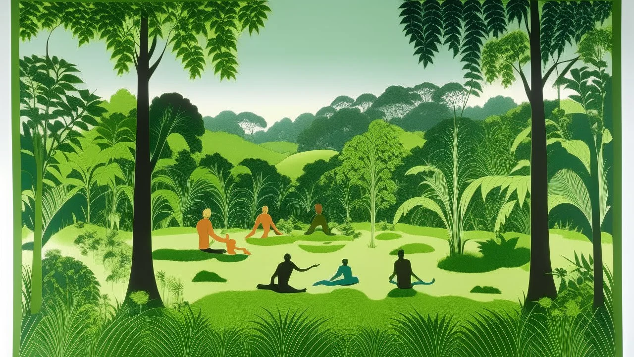 A contemporary serigraphy by Ed Ruscha of people practicing yoga surrounded by wild animals and lush vegetation.