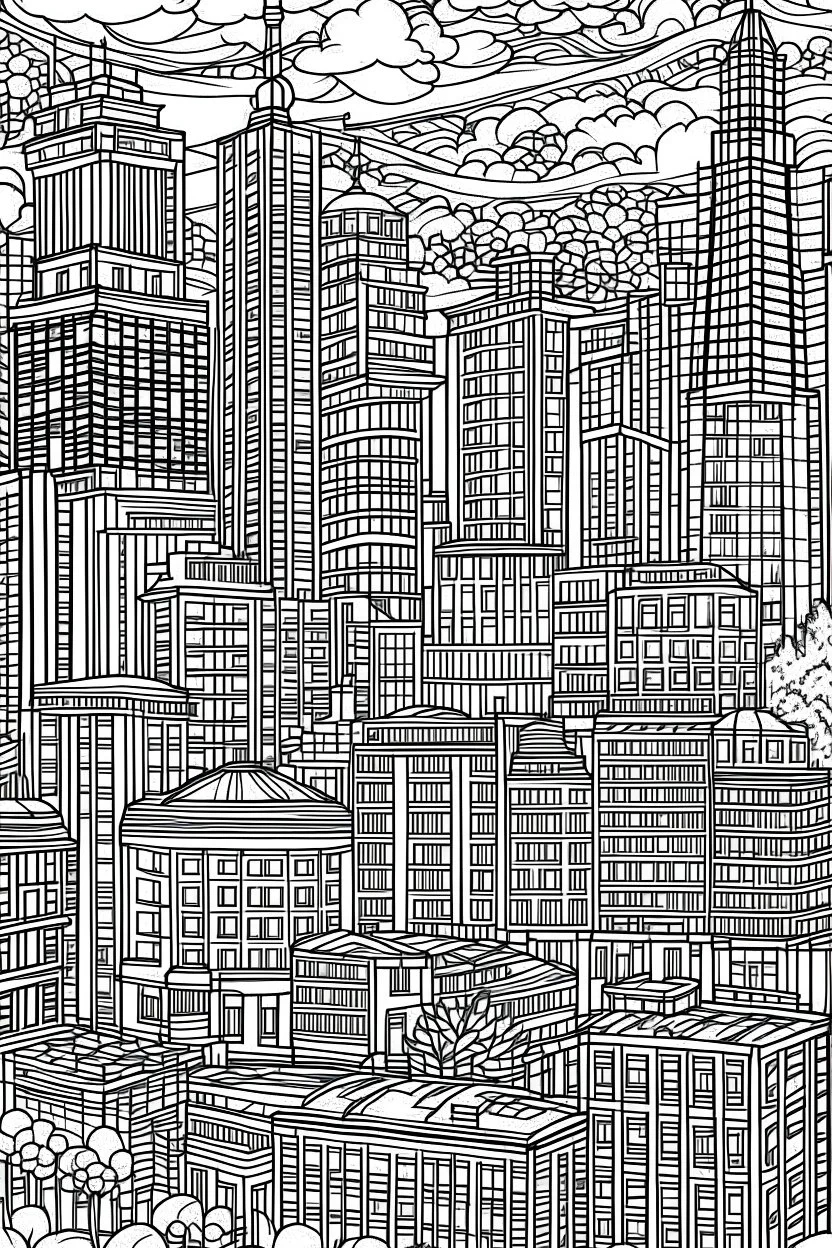 outline art for cities coloring pages for adults with big city, white background, Sketch styl, only use outline. Mandala style, clean line art, no shadows and clear and well outlined, Intricate Patterns and Details