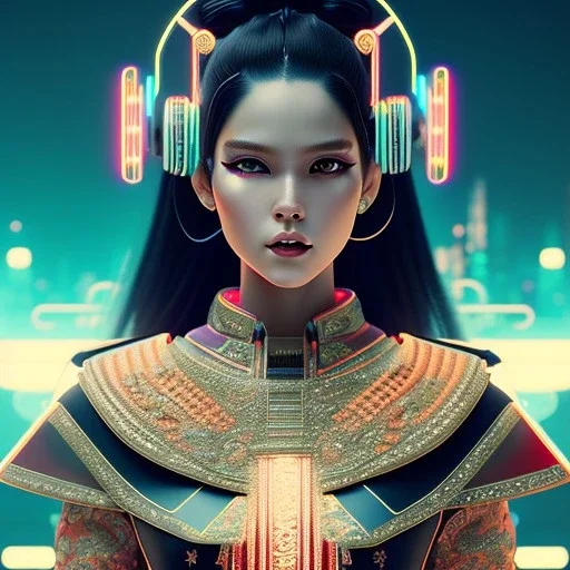 Rosalía, Cyborg anime samurai, cyberpunk, light black hair, geisha hairstyle, cobalt eyes, waist up portrait, 8k resolution, retroanime, intricate details, neon details, soft lighting, vibrant colors, masterpiece, intricate eyeliner, dark eyeshadow, eyes, intricate tattoos, gradient background