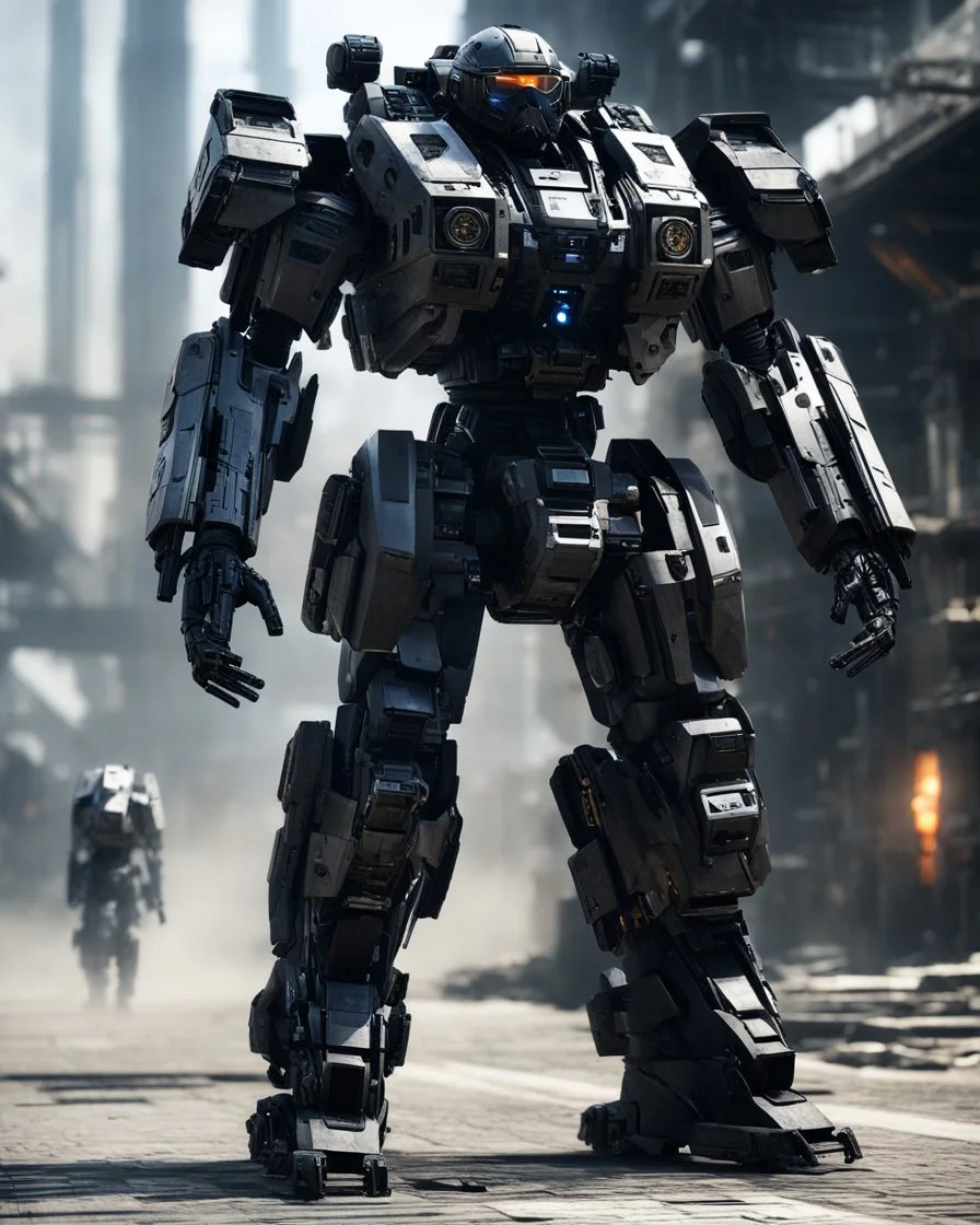 Long distance picture full body of Special Force Black mech hitech Futuristic 3d render, vray, uhd, detailed, hdr, 8k, photorealistic, dramatic lighting, hawken graphic design abstract 3d hitech technological HAWKEN photorealistic uhd 8k VRAY highly detailed HDR