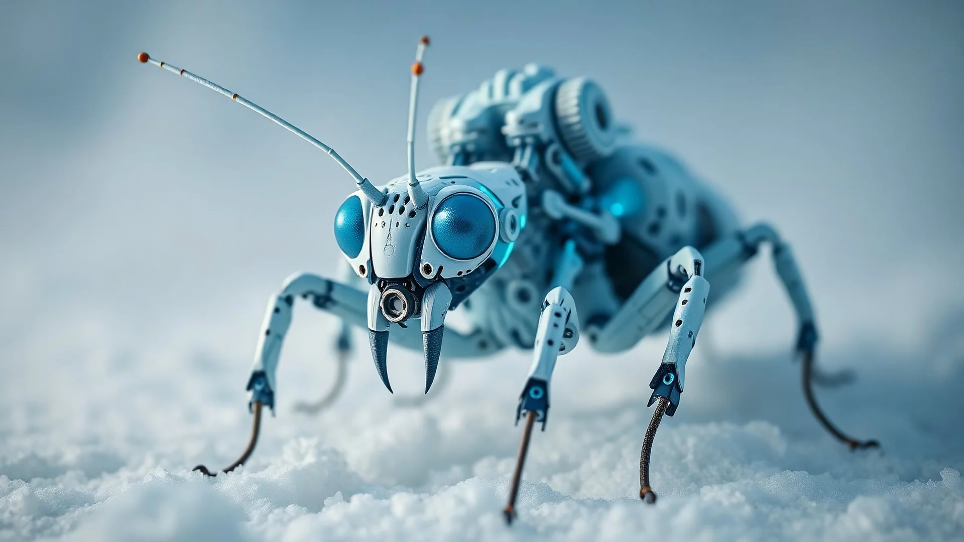 A dynamic Lens eye camera showcasing the fusion of organic and Neumorphism elements, depicting a fully blue white mantis mecha-insect. Its intricate mechanisms are driven by interlocking gears and complex mechanical teeth embedded throughout its massive frame. The larva's mane is ingeniously replaced with a rotating gear system, amplifying its cybernetic presence. With hyper-techno aesthetics, it prowls silently through the dense, mist-laden snow ice land
