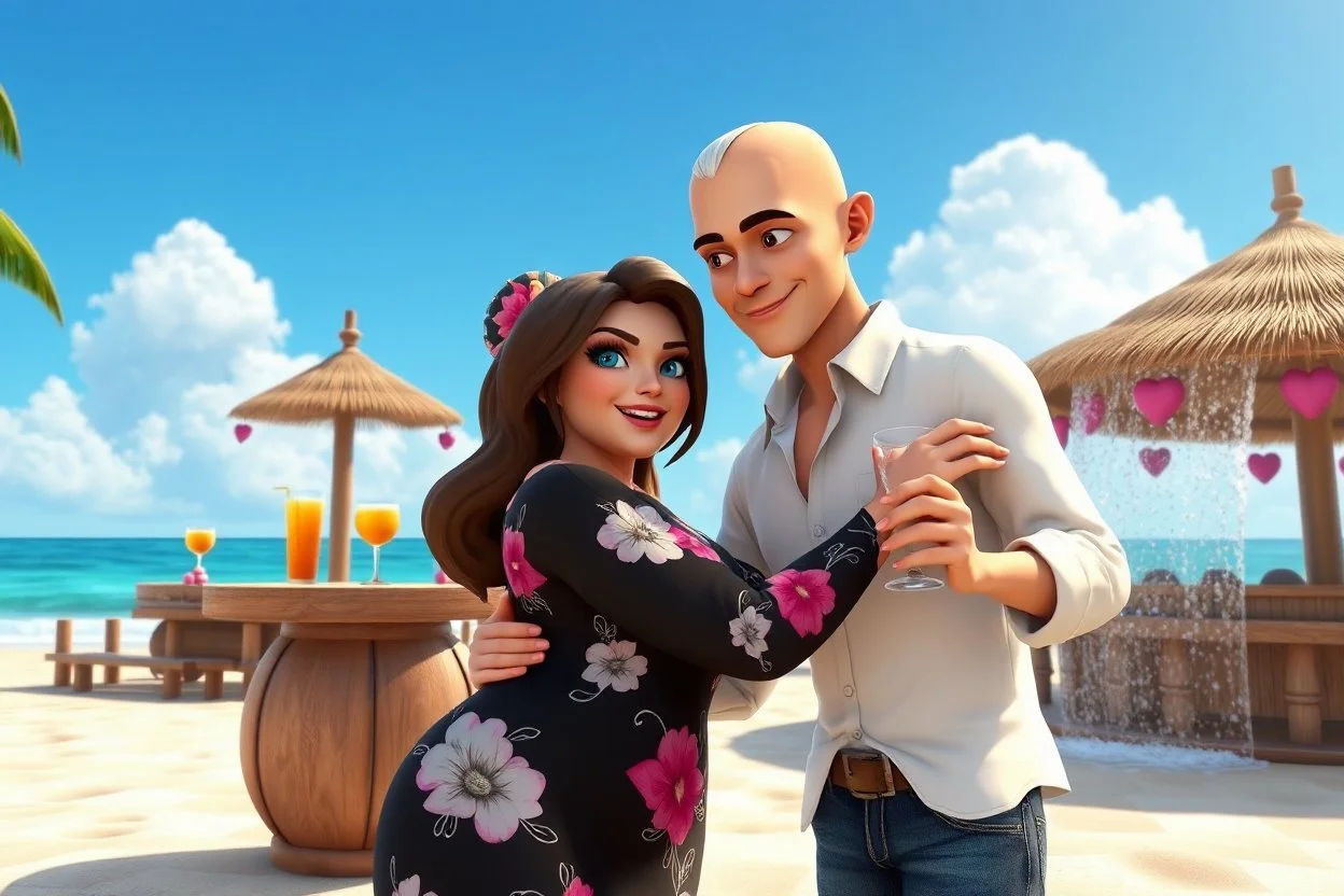 3D video game characters, a brown-haired blue-eyed plus sized woman in a black dress with white and pink flowers hugging a bald silver haired thin man with brown eyes, wearing white shirt and jeans at the beach in sunshine, tiki bar, cocktails, hearts, waterfall, happiness