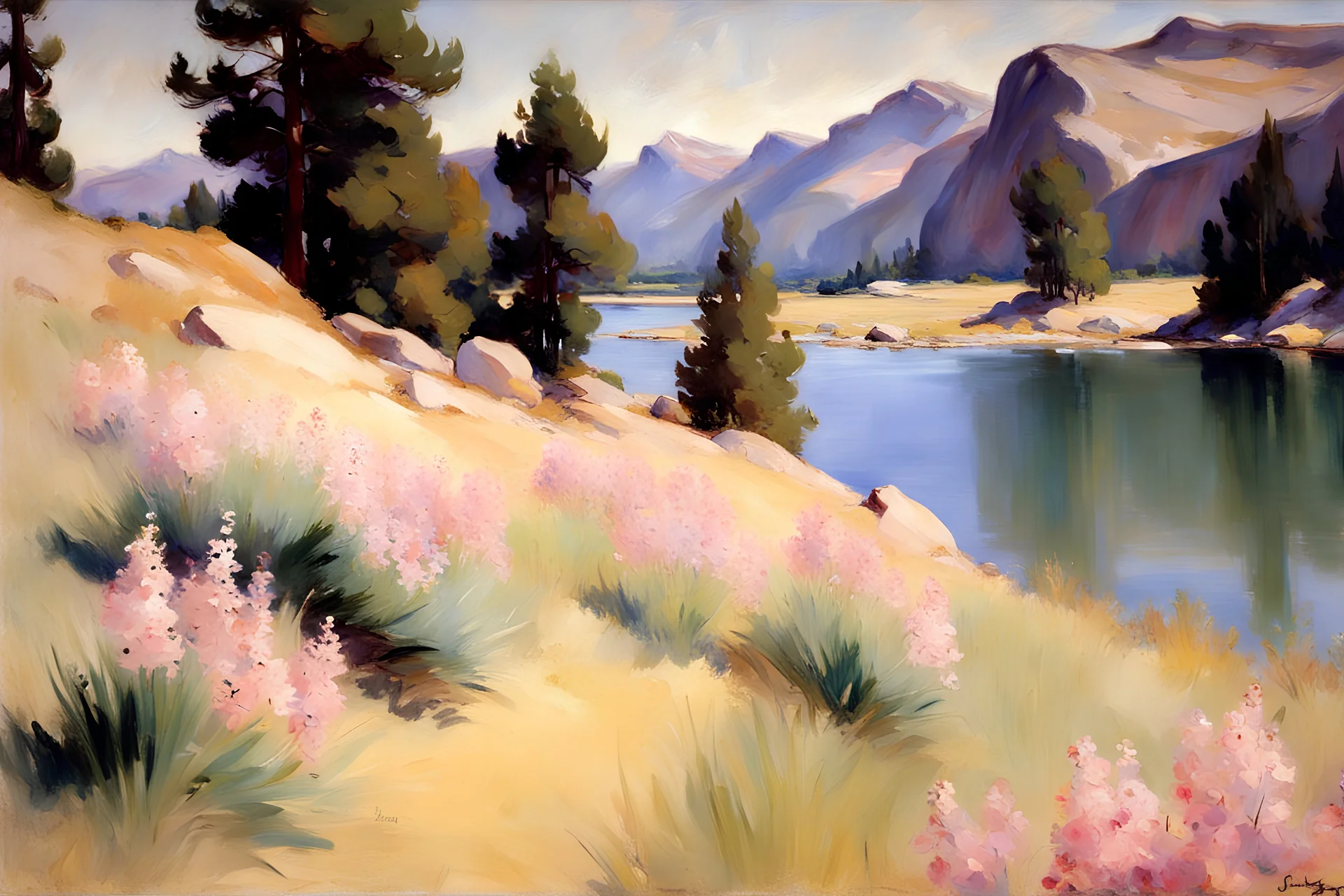 Sunny day, pine trees, mountains, prairie, flowers, lake, rocks, spring, john singer sargent impressionism painting