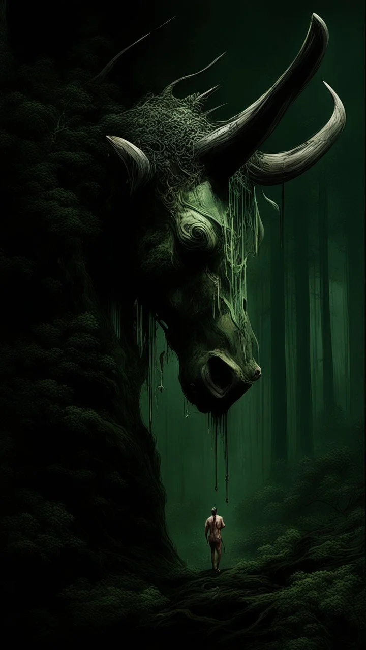 A bull or a horse with a wooden totem with spikes on it, in the middle of the forest. Opposite is a tree with a green-skinned man on it., by Ryohei Hase, Agnes Cecile, Raymond Swanland, Anne Bachelier