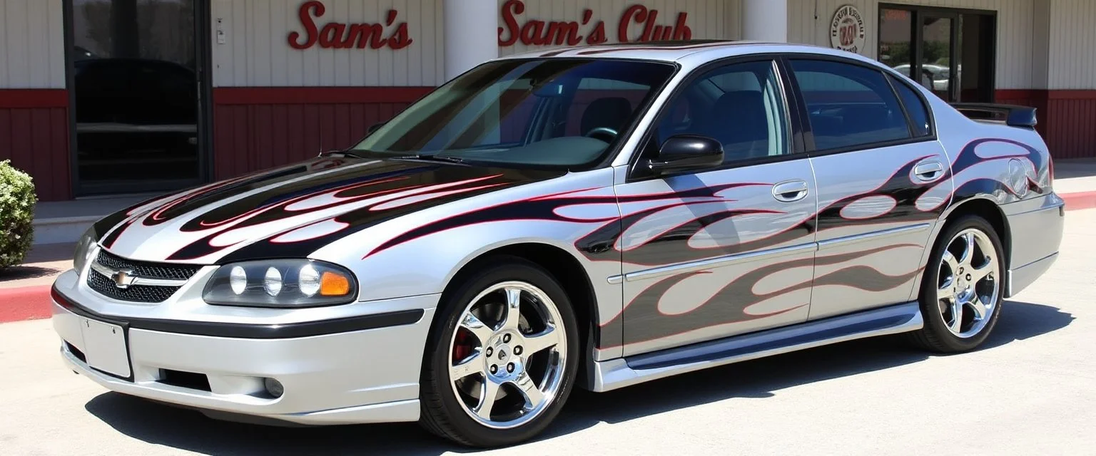 suped up 2004 chevy impala supersport musclecar, silver with black flames outlined with a thin red pinstripe, in front of Sam's club, SuperSport car, impressive, VIP, award winning, detailed