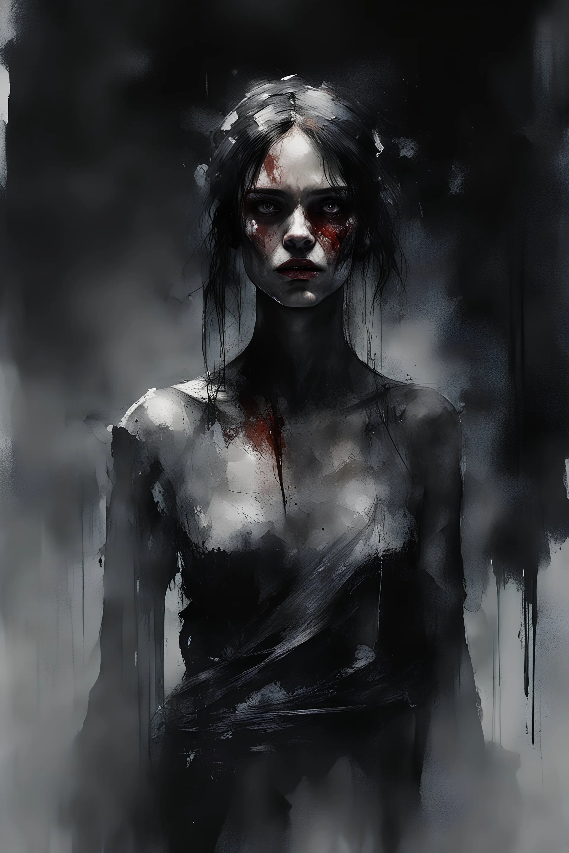 A stern warrior-woman, in an ancient dungeon, broken columns, smoky lamps, semi-darkness, horror and fear, dark tones, cold colors, by Agnes Cecile