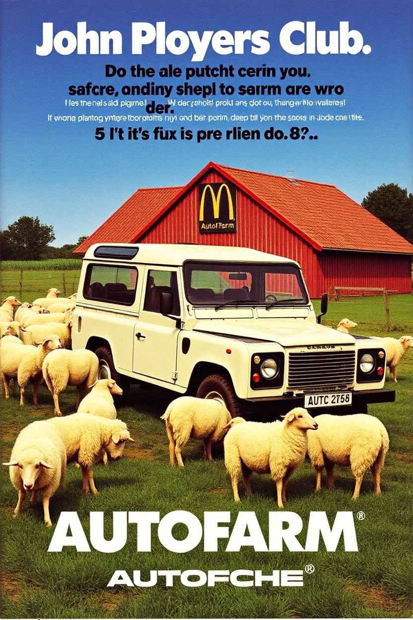 john players club 1980s cigarette advertisement sexy print Porsche autofarm magazine advertisement, vivid colours from the 80s, mcdonalds ad from the 80s, mac computer ad from the 80s, featuring a landrover being fixed at a farm. sheep are all over the place, company name in bold (AUTOFARM), nike print ad style, mac computer ad from the 80s, 1980s rc print advertisement