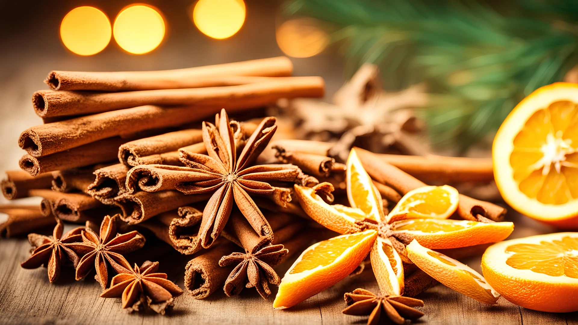 Traditional Christmas spices and dried orange slices on holiday bokeh background with defocus lights. Cinnamon sticks, star anise, pine cones and cloves. Christmas Spices Decoration