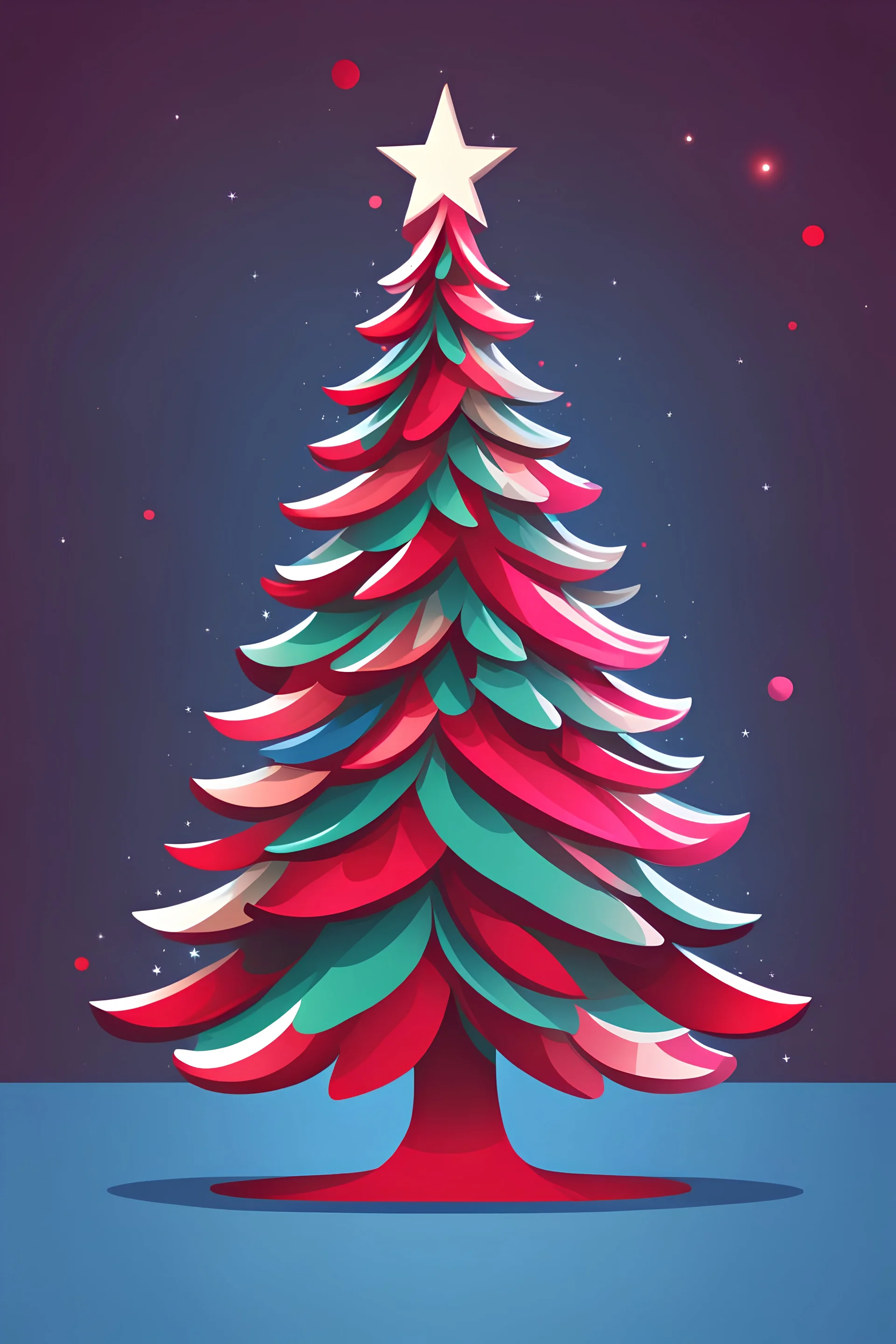 create a christmas card of a christmas tree, in a cartoon style, color scheme is blue, red and pink, in vibrant colors