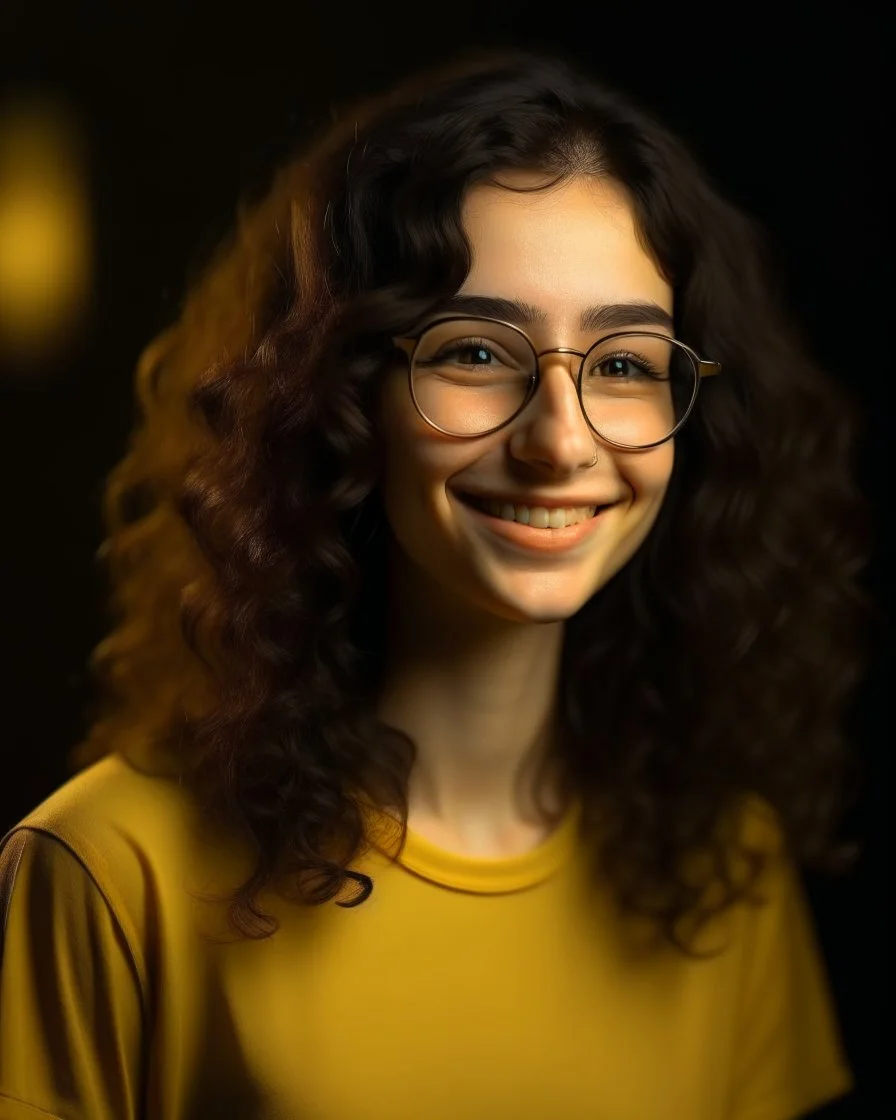 Jeune femme au sourire éclatant, longue et élancée, petit nez, cheveux noirs, longs, bouclés et volumineux, porte de grandes lunettes rondes à la monture transparente. Elle porte un t-shirt de couleur jaune moutarde avec une chemise florale transparente. Rembrandt style lighting, 8k, portrait, HD.