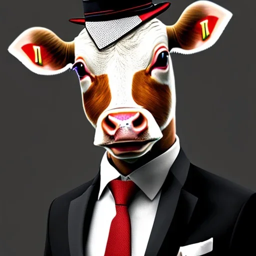 A cow wearing a suit and tie