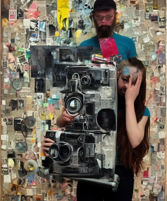 happy beautiful girl holding big proffesional camera in studio. street art, oil on canvas, spray paint, collage, letters, newspapeers, Dave McKean, Vladimir Fedotko, Saturno Butto, Vaughn Bodé, Frank Wu, James C. Christensen, collage, dirty, paint dripping, radiant