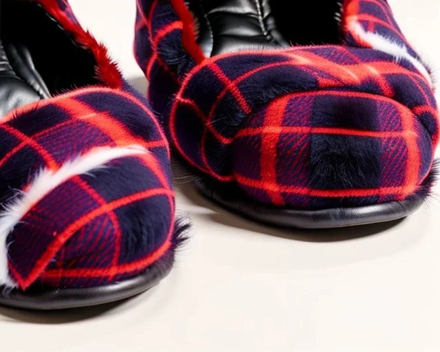 Red plaid slippers on a fur rug by kiva