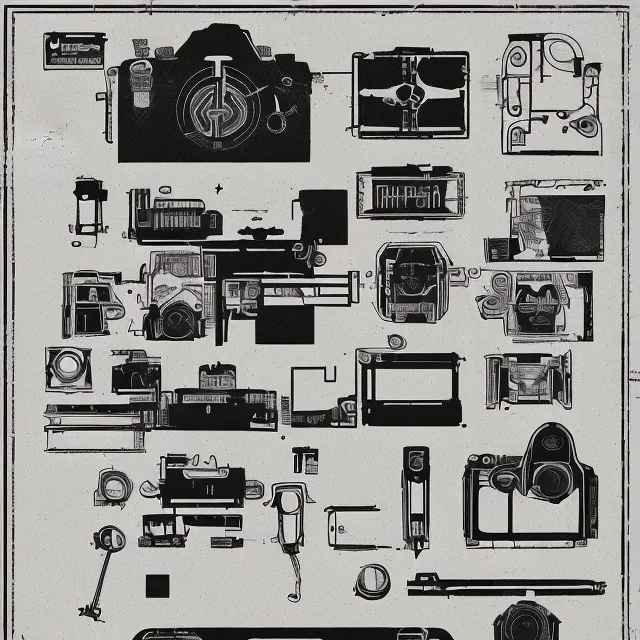 components of the camera laid out flat. poster design. high detailed. ink and acrylic.