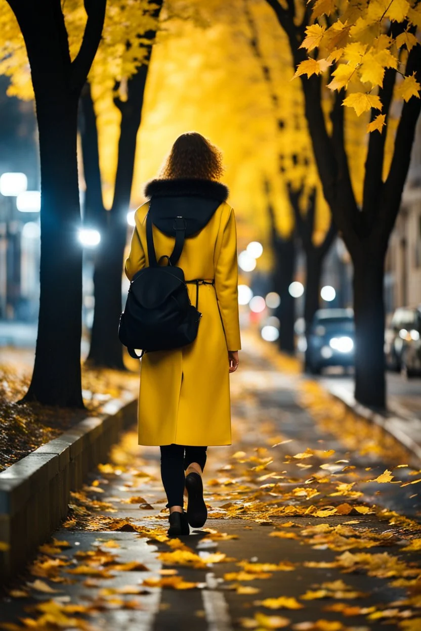 night yellow lights over the street trees autumn leaves under feet ,a Student adult girl with books in her hand walking in street looking to camera a boy walks after she few meters away her back