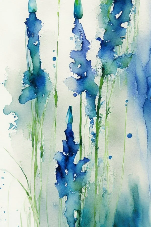 Abstract wet watercolour, blue green stalks delphiniums, no crop