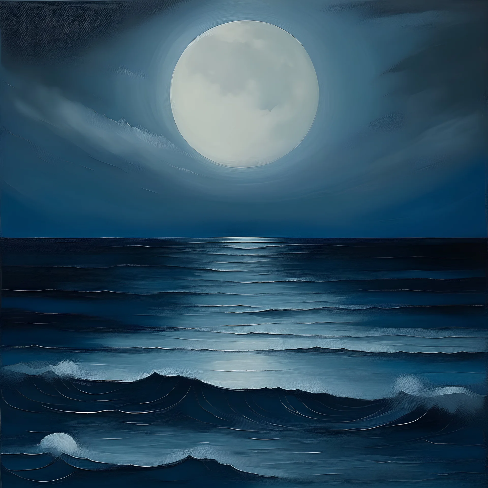 Minimal abstract oil painting of of moody sea. With a full moon. In the style of Gustav Klint.