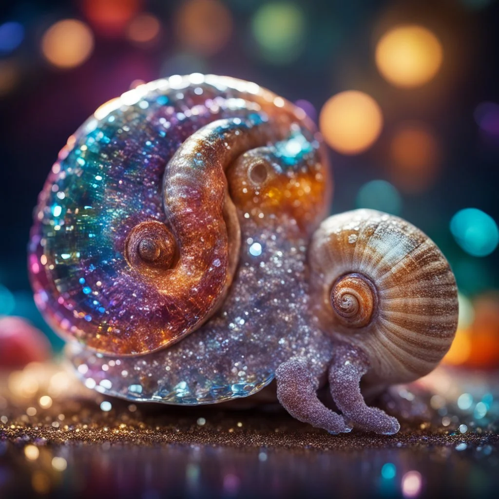 a snail made of crystal and glass, snail shell filled with an octopus, sharp focus, high contrast, bright vibrant colors, cinematic masterpiece, shallow depth of field, bokeh, sparks, glitter, 16k resolution, photorealistic, intricate details, dramatic natural lighting