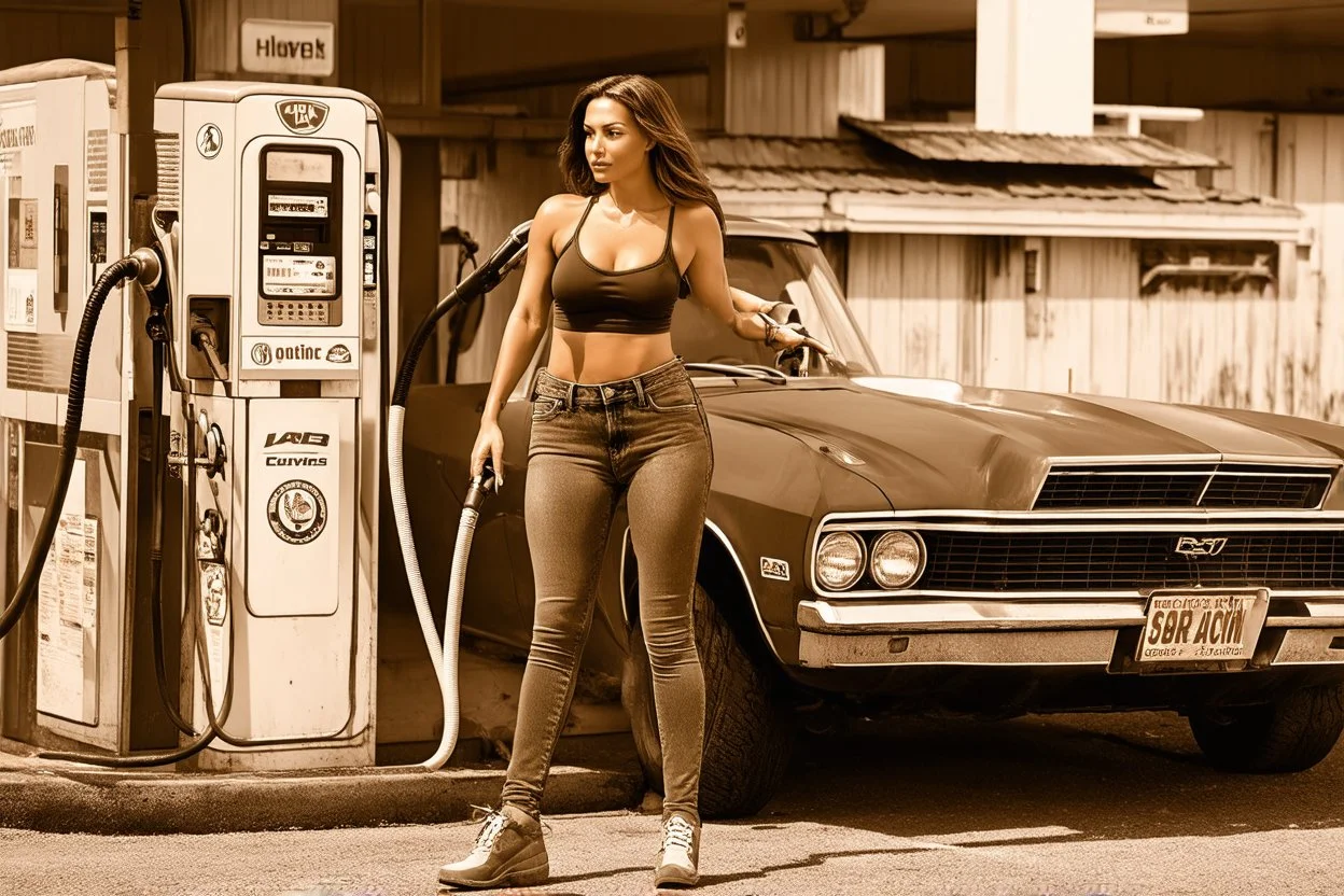 beautiful vintage photography with sepia tones, woman in tight jeans and a crop top pumping gas at a rustic country gas station, long shot, hyper detailed, trending on artstation, intricate details, highly detailed