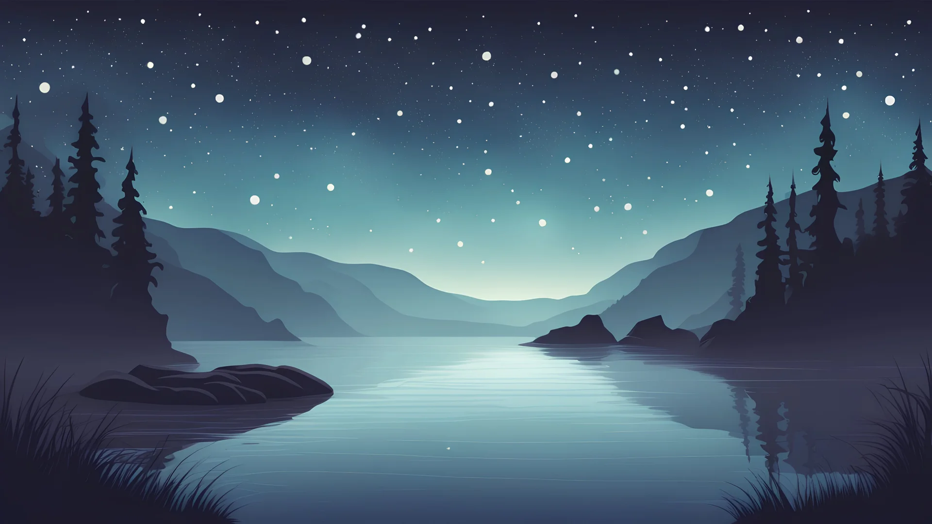 vector graphic of a cozy mist loch ness where the sky is filled with stars