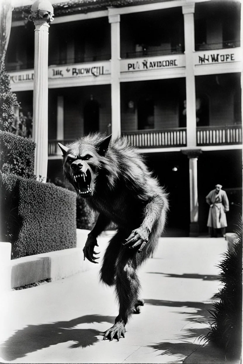 Photograph of a werewolf prowling a Hollywood movie lot. B/w, date approximately 1922.